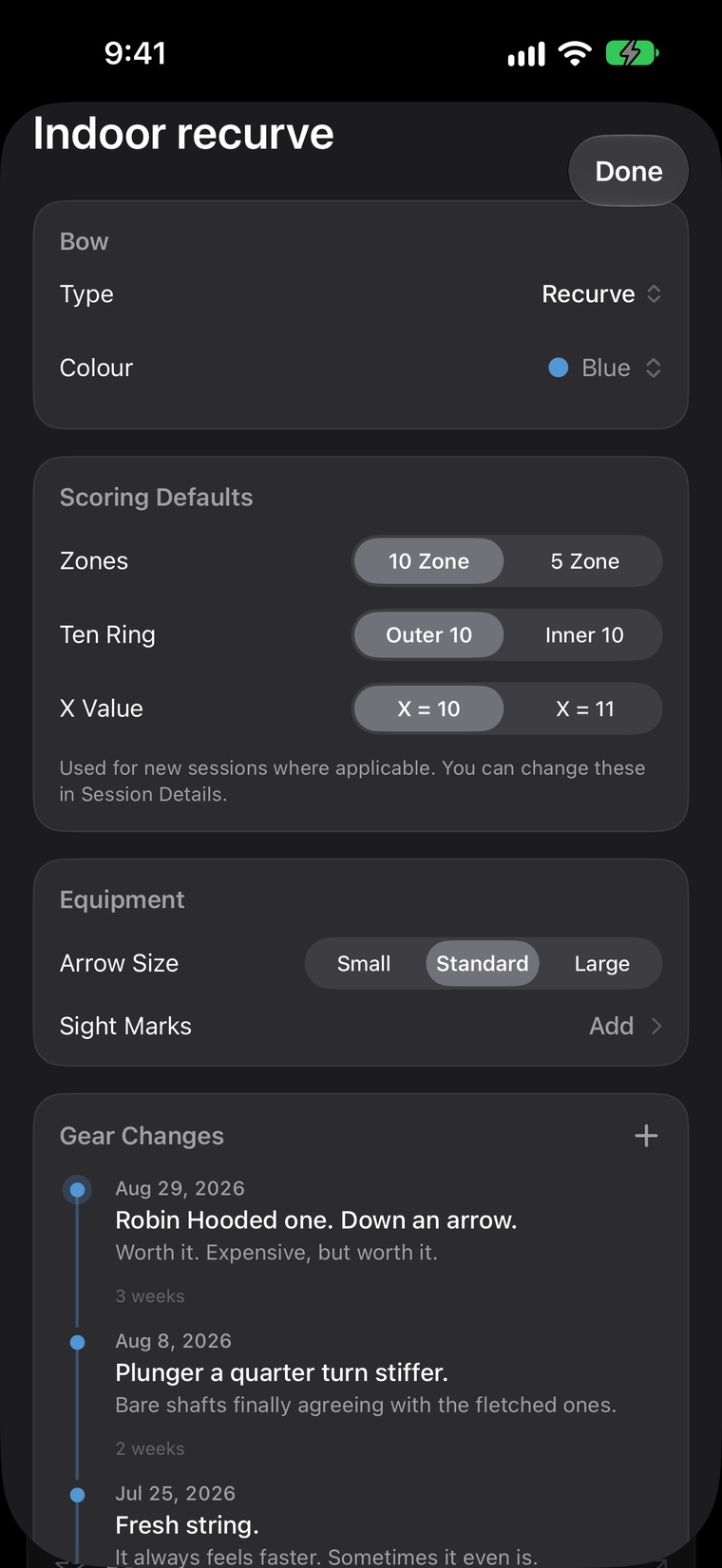 A bow named Indoor recurve, with its type, color, scoring defaults, and a dated list of gear changes: Robin Hooded one, a stiffer plunger, a fresh string.