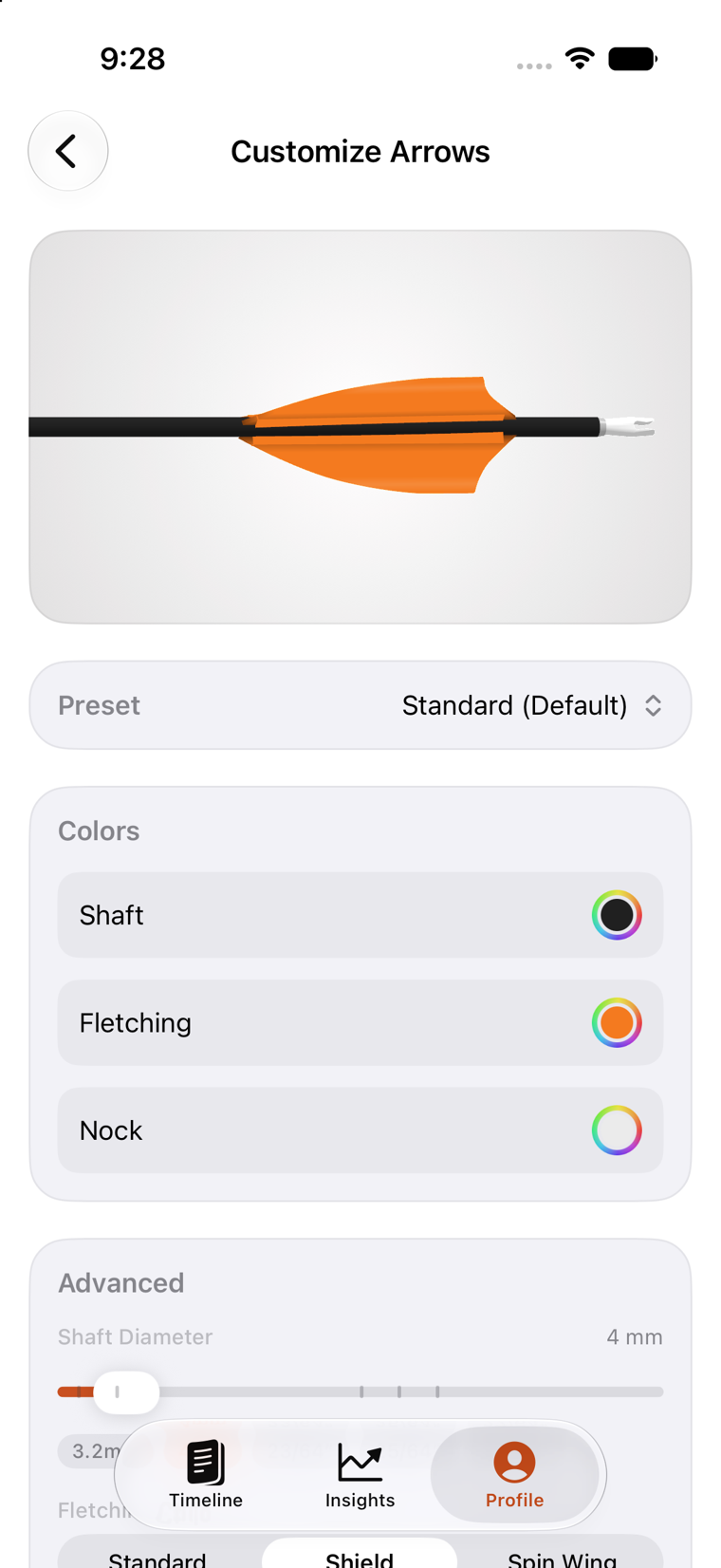 The arrow designer in Simple Arrows, showing a 3D arrow with orange fletching and controls for shaft, fletching and nock colour.