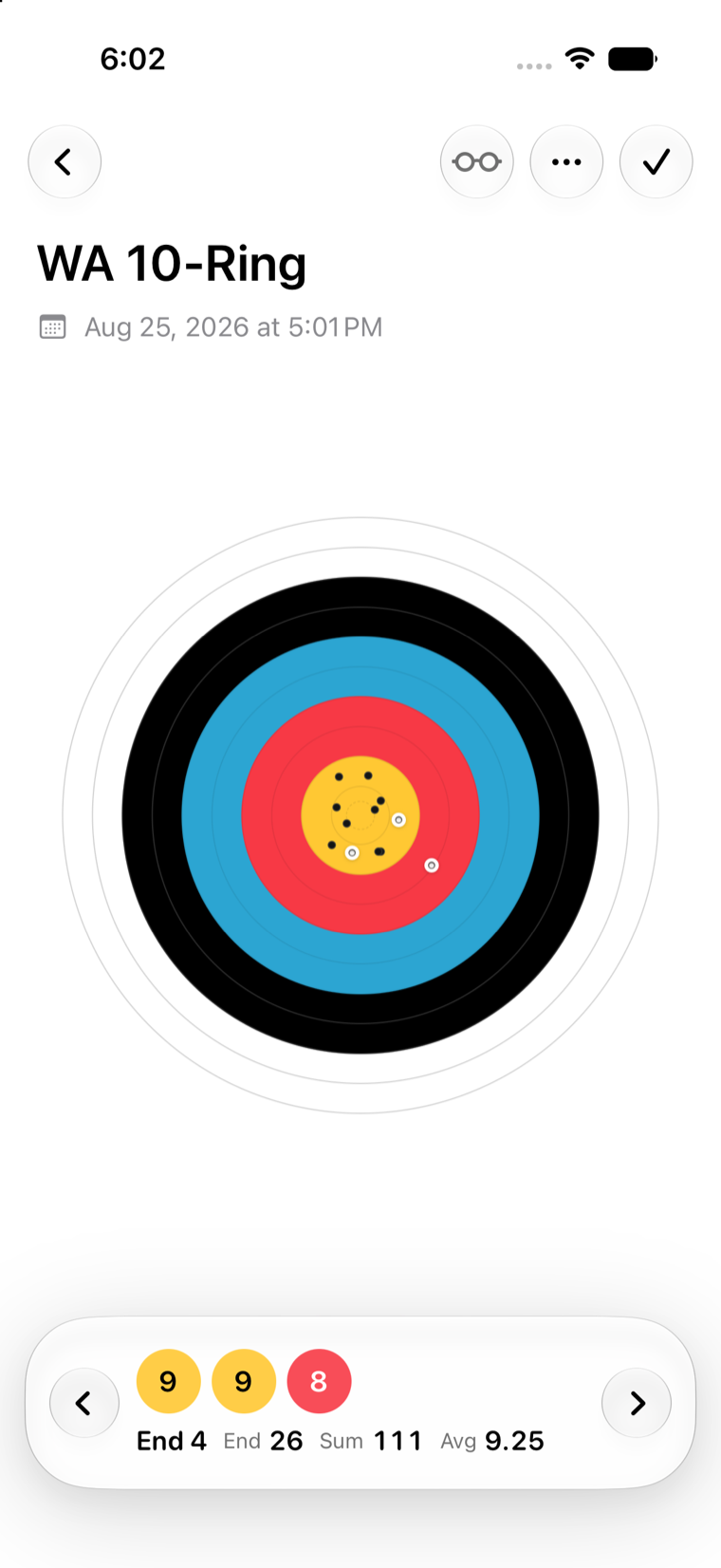 A live session in Simple Arrows showing the target face, the current end, and a running total.