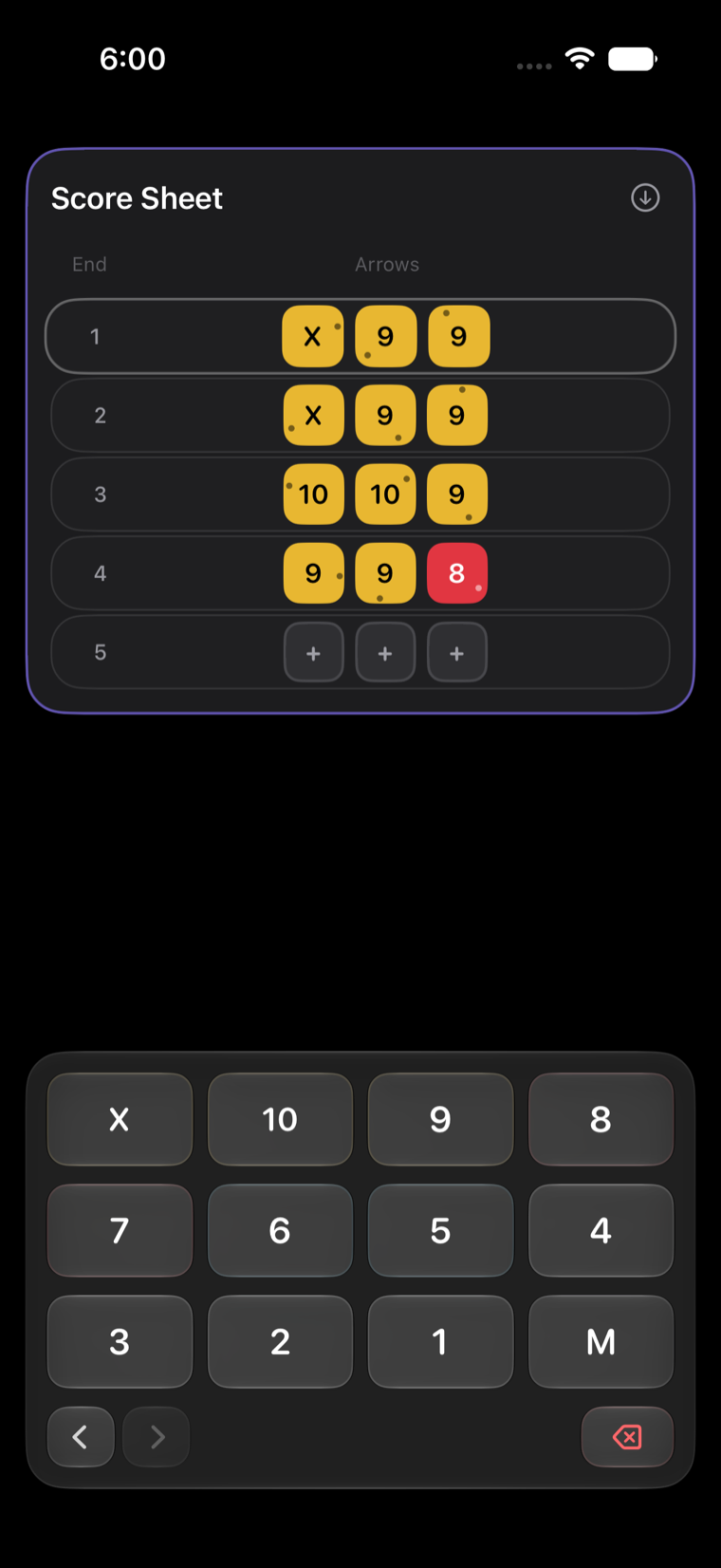 The score sheet in Focus Mode, with totals and averages hidden.