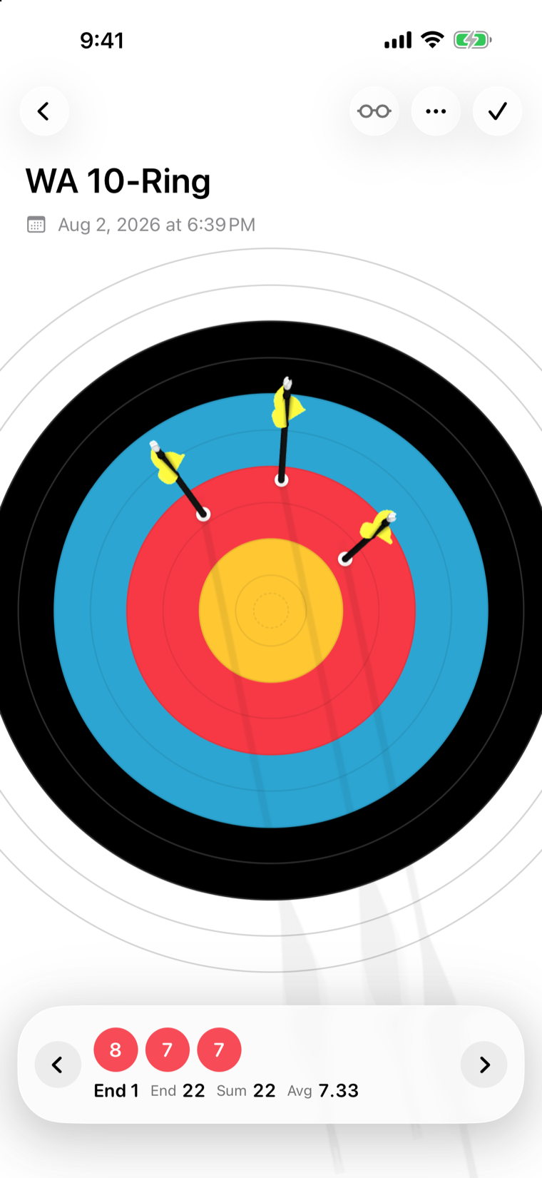 Scoring a WA 10-Ring session in Simple Arrows, with three arrows plotted on the face.