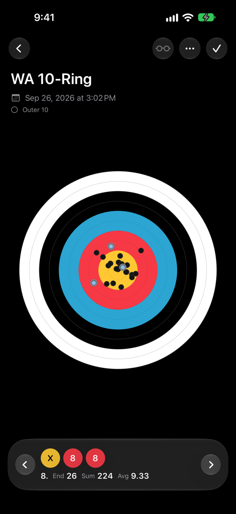 A WA 10-Ring face with eight ends of arrows plotted; the current end reads X, 8, 8.