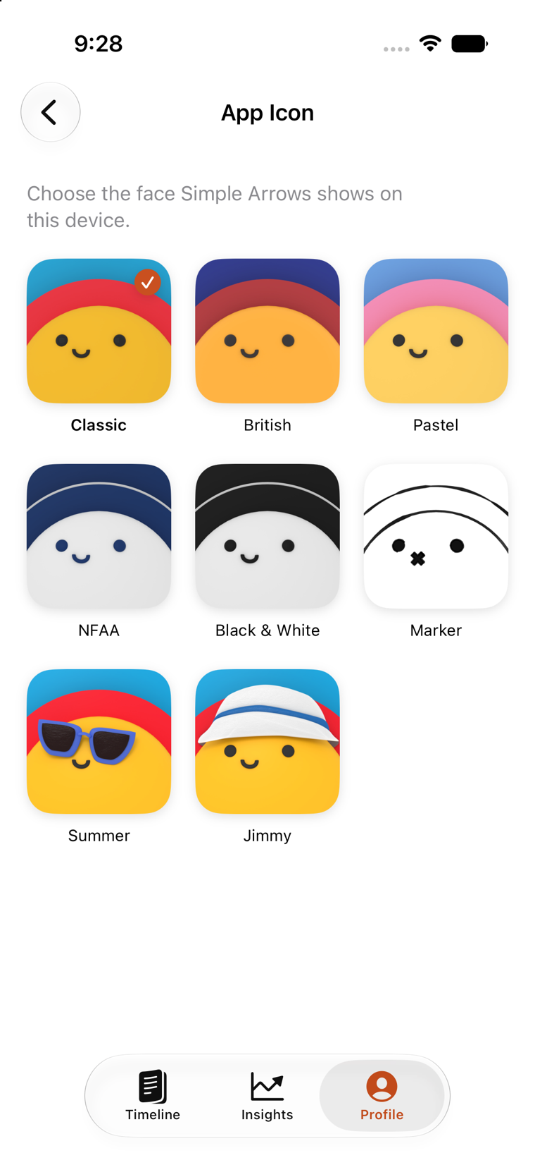 The app icon picker in Simple Arrows, showing eight icons to choose from.