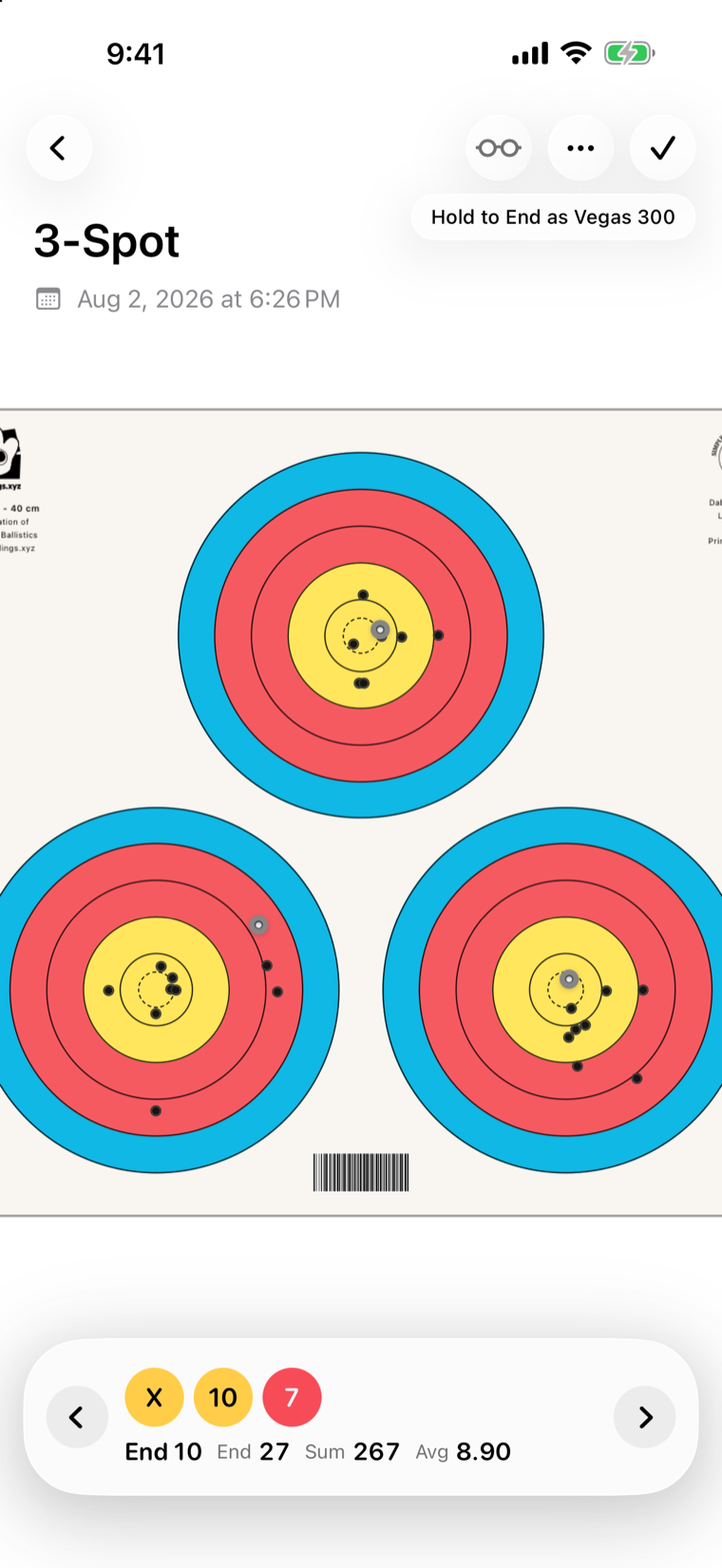A three-spot session in Simple Arrows, with the app offering to end it as a Vegas 300.