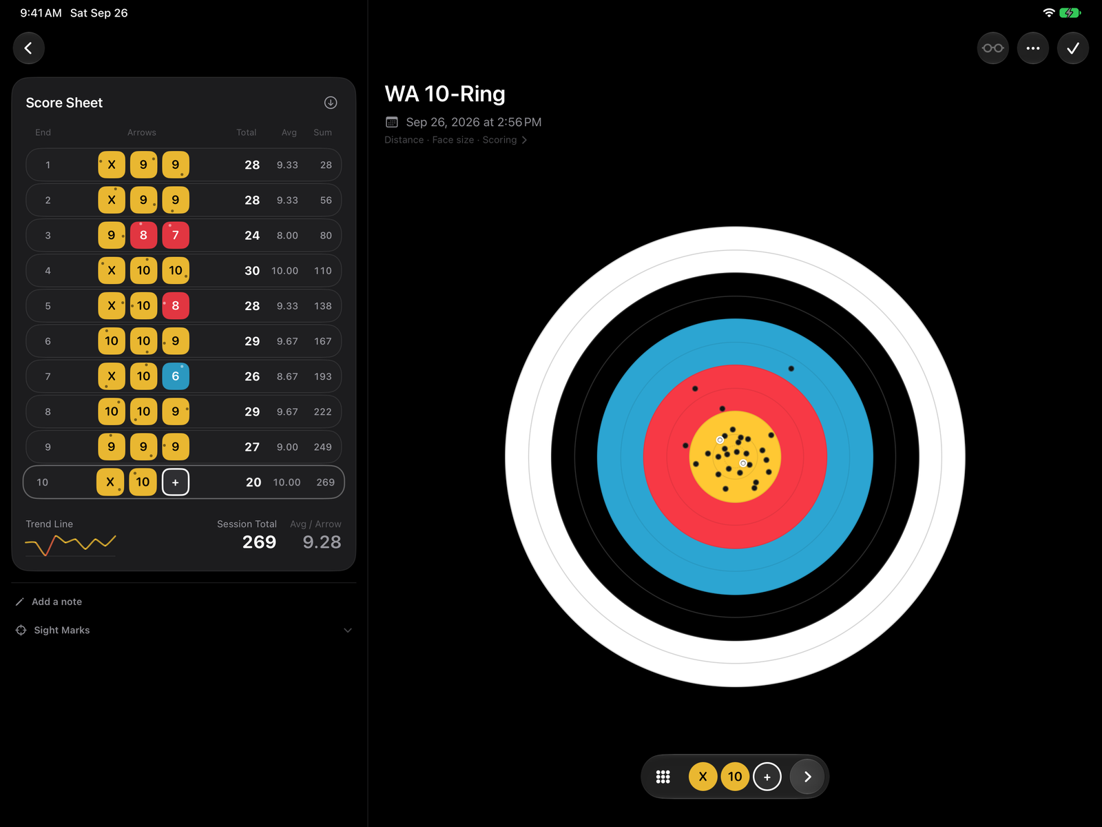 Simple Arrows on iPad in landscape: a ten-end score sheet on the left, the target face with every arrow on the right.