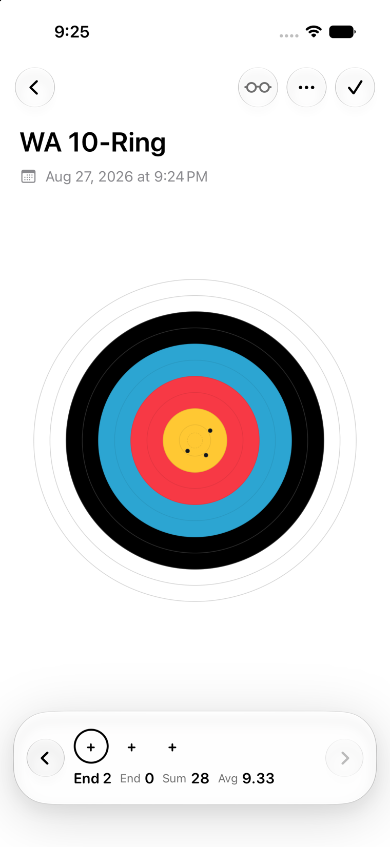 A WA 10-Ring face in Simple Arrows with the magnifier open under the archer's finger, then the keypad with a held number placing the arrow.
