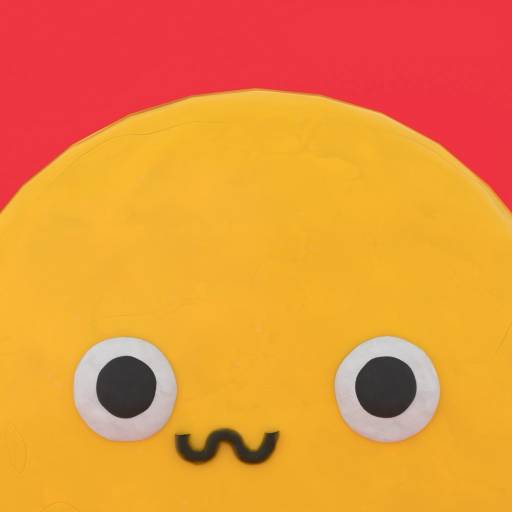 An early icon: a yellow clay face with googly eyes and an anxious, wavy mouth on a red background.