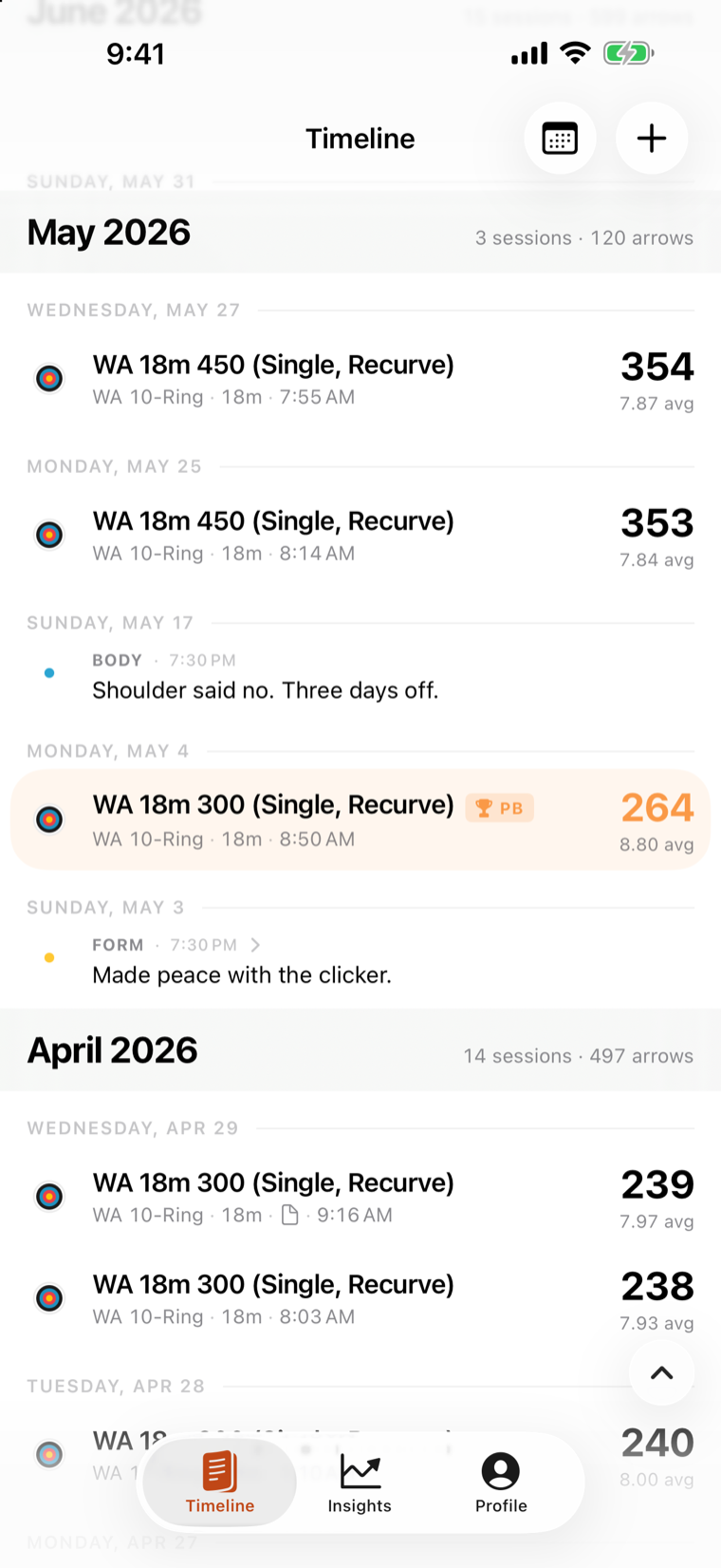 The Simple Arrows timeline, then the Insights screen summarising the week in a sentence above three cards.