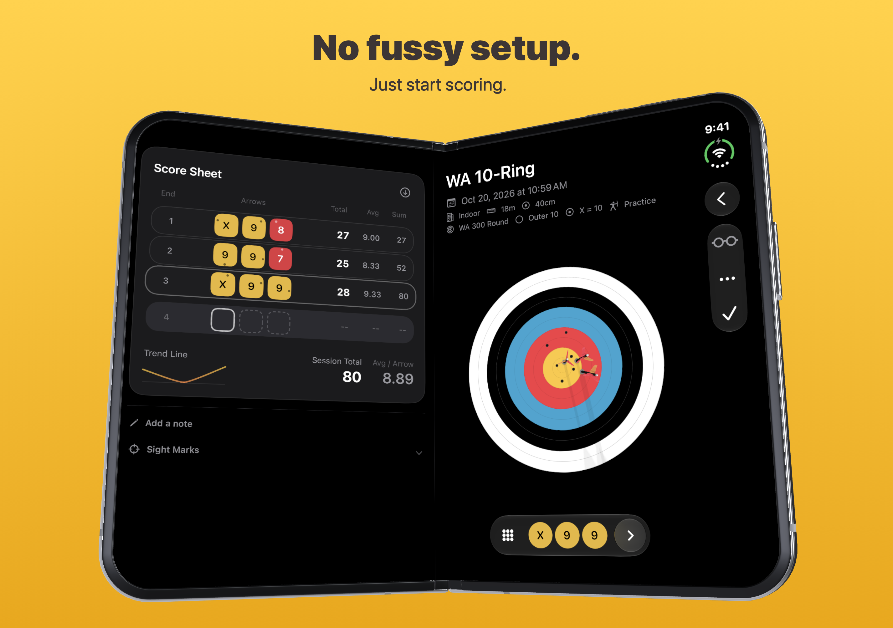 Simple Arrows on an open iPhone Duo, with a score sheet on the left and an archery target on the right.